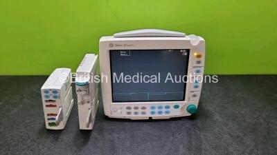 Job Lot Including 1 x GE Type F-FM-00 Patient Monitor (Powers Up) with 1 x GE Type E-PSMP-00 Module with ECG, SpO2, T1,T2 P1, P2 and NIBP Options and 1 x GE Type N-FC-00 Module with Mini D-Fend Water Trap *SN 6353159 / 6355181 / 6364289*