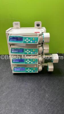 4 x B Braun Perfusor Space Syringe Pumps with 1 x B.Braun Space Docking Station - Missing Cover (All Power Up) *SN 99105 / 272400 / 272315 / 277405*