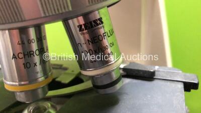 Zeiss Axioskop Model 20 Benchtop Microscope with 3 x Optics (1 x Plan-NEOFLUAR 100x/1.30 Oil 44 04 80, 1 x ACHROSTIGMAT 40x/0,65 and 1 x ACHROPLAN 10x/0.25) 2 x E-PI 10x/20 Eyepieces and 1 x JAI Progressive Scan Camera (Powers Up with Good Bulb) - 3