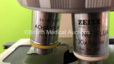 Zeiss Axioskop Model 20 Benchtop Microscope with 3 x Optics (1 x Plan-NEOFLUAR 100x/1.30 Oil 44 04 80, 1 x ACHROSTIGMAT 40x/0,65 and 1 x ACHROPLAN 10x/0.25) 2 x E-PI 10x/20 Eyepieces and 1 x JAI Progressive Scan Camera (Powers Up with Good Bulb) - 4