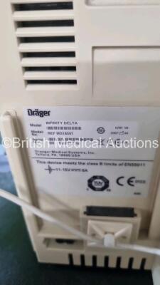 2 x Drager Infinity Delta Patient Monitors with HemoMed1, Aux/HemoMed 2, Aux/HemoMed 3, MultiMed, NBP and SpO2 Options (Both Power Up with Stock Power Supply, Power Supply Not Included 1 x with Damage to Csing - See Photo) and 2 x Drager SpO2 Modules - 8