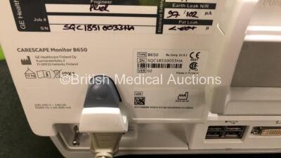 GE Carescape B650 Touch Screen Patient Monitor *Mfd - 2019* with 1 x GE Dinamap Ref- 2016793-002 Patient Data Module Including ECG, Temp/CO, P1/P3, P2/P4, SpO2 and NIBP Options *Mfd 2019* (Both Power Up - In Excellent Condition Like New in Box) **SN SPX19 - 6