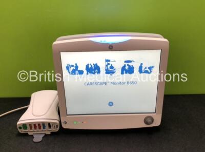 GE Carescape B650 Touch Screen Patient Monitor *Mfd - 2018* with 1 x GE Dinamap Ref- 2016793-002 Patient Data Module Including ECG, Temp/CO, P1/P3, P2/P4, SpO2 and NIBP Options *Mfd 2019* (Both Power Up - In Excellent Condition Like New in Box) **SN SPX19