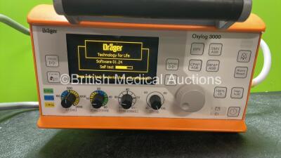 Drager Oxylog 3000 Transport Ventilator Software Version 01.24 with 1 x AC Power Supply, 1 x Hose and 1 x Drager REF 2M86737-07 Mounting Bracket (Powers Up) *SN SSAL-0140, 2M86737-07* - 2