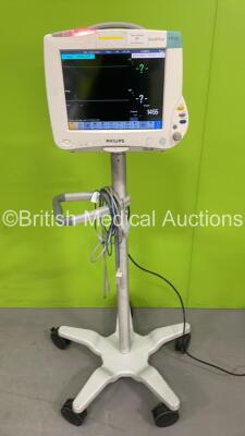 Philips IntelliVue MP50 Patient Monitor on Stand with 1 x Philips M3001A Module Include ECG, SpO2, NBP, Press/Temp Options and 1 x Philips M3015A C02 Microstream Module (Powers Up) DE82072007*