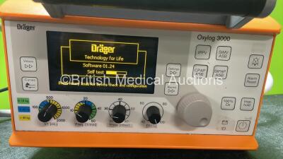 Drager Oxylog 3000 Transport Ventilator Software Version 01.24 with 1 x AC Power Supply, 1 x Hose and 1 x Drager REF 2M86737-07 Mounting Bracket (Powers Up) *SN SSAL-0139* - 2