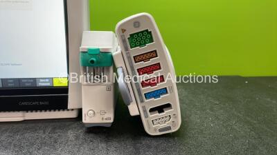 GE B450 Carescape Patient Monitor *Mfd 05/2022* with 1 x GE REF 2016793-002 Patient Data Module Including ECG, Temp/CO, P1/P3, P2/P4, SpO2 and NIBP Options *Mfd 08/2022* 1 x GE Type E-sC0-00 Module *Mfd 06/2021* (Powers Up) - 3