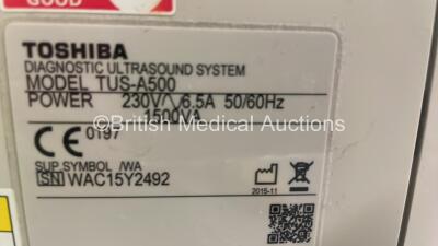 Toshiba Aplio 500 Flat Screen Ultrasound Scanner TUS-A500 *Mfd 2015-11* with 3 x Transducers/Probes (1 x PVT-781VT * Mfd 06- 2019* ,1 x PVT-674BT * Mfd 12- 2019 * and 1 x PVT-375BT * Mfd 02- 2020 *) and Sony UP-D898MD Printer (HDD REMOVED - Powers Up) *WA - 9