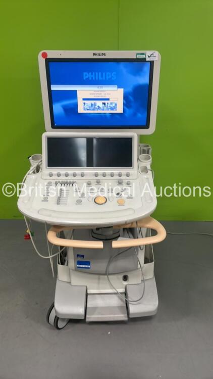 Philips iE33 Flat Screen Ultrasound Scanner on F.2 Cart *S/N 034W6H* **Mfd 02/2009** Software Version 5.2.2.44 with 2 x Transducer / Probes (S5-1 and D2cwc) and ECG Lead (Powers Up) ***IR917***