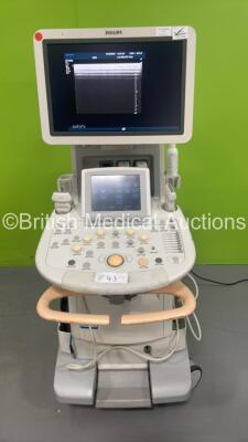 Philips iU22 Flat Screen Ultrasound Scanner on F.3 Cart *S/N 039WWH* **Mfd 10/2009** Software Version 5.2.1.245 with 2 x Transducers / Probes (L17-5 and L12-5) (Powers Up with 1 x Missing Dial - See Photo) ***IR916***