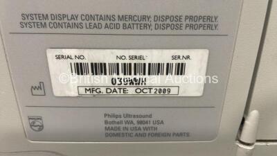 Philips iU22 Flat Screen Ultrasound Scanner on F.3 Cart *S/N 039WWH* **Mfd 10/2009** Software Version 5.2.1.245 with 2 x Transducers / Probes (L17-5 and L12-5) (Powers Up with 1 x Missing Dial - See Photo) ***IR916*** - 10