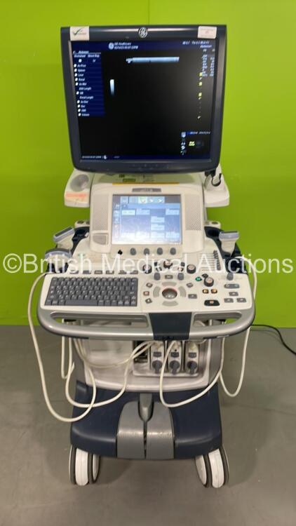 GE Logiq E9 Flat Screen Ultrasound Scanner *Mfd - 11- 2012* Software Version - R3.1.3 with 3 x Transducers / Probes (1 x 9L-D *Mfd - 04/2019*, 1 x ML6-15-D *Mfd - 02/2019* and 1 x C1-5-D *Mfd - 06/2019) (Powers Up) *114610US9*