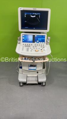 Philips iE33 Flat Screen Ultrasound Scanner on F.1 Cart *S/N 034VWY* **Mfd 01/2009** Software Version 6.3.7.745 with 4 x Transducers / Probes (C5-2 / X3-1 / S5-1 and L9-3) and Sony UP-D897 Digital Graphic Printer (Powers Up)