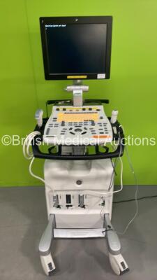 GE Vivid S5 Flat Screen Ultrasound Scanner Ref H45041FR *S/N 7538VS5* HDD REMOVED **Mfd 02/2014** with 2 x Transducers / Probes (4C-RS Ref 5125386 *Mfd 01/2014* and 3Sc-RS Ref 47237516 *Mfd 04/2018*) Sony UP-D897 Printer and Pencil Probe (Powers Up - Crac