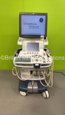 GE Logiq E9 Flat Screen Ultrasound Scanner Ref 5205000-2 *S/N 96479US1* **Mfd 06/2009** with 3 x Transducers / Probes (9L-D Ref 5194432 *Mfd 07/2016* / ML6-15-D Ref 5199103 *Mfd 02/2016* and C1-5-D Ref 64949YP1 *Mfd 12/2010*) (Powers Up HDD REMOVED) ***IR