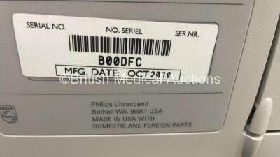 Philips iU22 Flat Screen Ultrasound Scanner on G.0 Cart *S/N B00DFC* **Mfd 10/2010** Software Version 6.0.5.10 with 2 x Transducers / Probes (L17-5 and L12-5) (Powers Up with 1 x Missing Dial - See Photo) ***IR915*** - 9