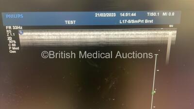 Philips iU22 Flat Screen Ultrasound Scanner on G.0 Cart *S/N B00DFC* **Mfd 10/2010** Software Version 6.0.5.10 with 2 x Transducers / Probes (L17-5 and L12-5) (Powers Up with 1 x Missing Dial - See Photo) ***IR915*** - 10
