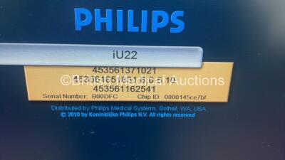 Philips iU22 Flat Screen Ultrasound Scanner on G.0 Cart *S/N B00DFC* **Mfd 10/2010** Software Version 6.0.5.10 with 2 x Transducers / Probes (L17-5 and L12-5) (Powers Up with 1 x Missing Dial - See Photo) ***IR915*** - 14