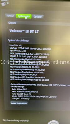 GE Voluson E8 BT17 Flat Screen Ultrasound Scanner *Mfd - 06/2017* Software Version - EC320 with 3 x Transducers / Probe (1 x C4-8-D *Mfd - 04/2017*, 1 x IC5-9-D *Mfd - 11/2021* and 1 x C1-5-D *Mfd - 06/2017*) and Sony UP-D998MD Digital Graphic Printer (Po - 17