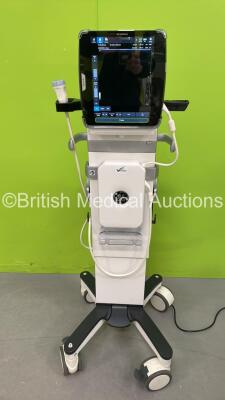 GE Venue 50 REF 5448623 Touch Screen Ultrasound Scanner *Mfd 07-2015* Software Version R4.0.6 with 1 x Transducer / Probe - GE 12L-SC Transducer Ref 5265367 *Mfd 2016* on GE Docking Cart (Powers Up with Minor Crack to Case by Power Button - See Photo)