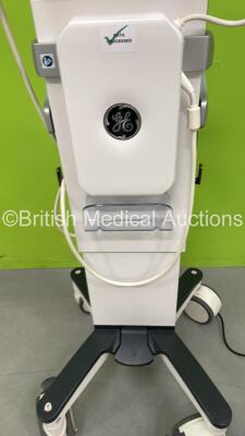 GE Venue 50 REF 5448623 Touch Screen Ultrasound Scanner *Mfd 07-2015* Software Version R4.0.6 with 1 x Transducer / Probe - GE 12L-SC Transducer Ref 5265367 *Mfd 2016* on GE Docking Cart (Powers Up with Minor Crack to Case by Power Button - See Photo) - 2