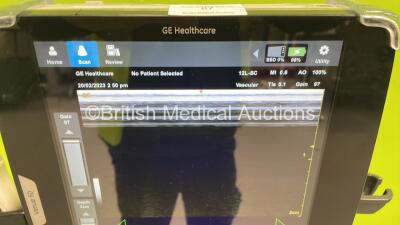 GE Venue 50 REF 5448623 Touch Screen Ultrasound Scanner *Mfd 07-2015* Software Version R4.0.6 with 1 x Transducer / Probe - GE 12L-SC Transducer Ref 5265367 *Mfd 2016* on GE Docking Cart (Powers Up with Minor Crack to Case by Power Button - See Photo) - 5