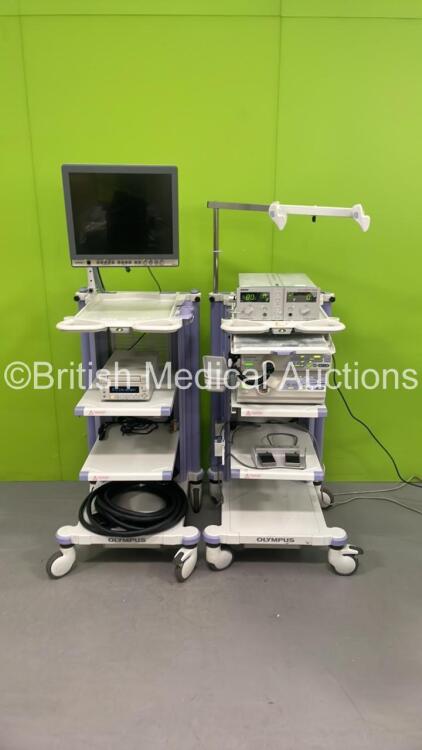 2 x Olympus Stack Trolleys with Olympus OEV191H Monitor, Sony DVO-1000MD DVD Recorder, EMS Swiss LithoClast Master LithoClast System, Olympus Evis Lucera CV-260SL Digital Processor, Olympus Evis Lucera CLV-260SL Light Source and Olympus MAJ-1154 Pigtail C