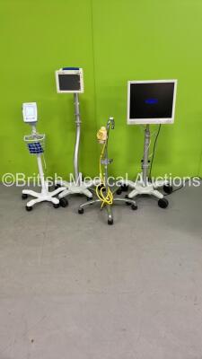 1 x Welch Allyn ProPaq CS Patient Monitor on Stand, 1 x Welch Allyn ProBP 4200 Monitor on Stand (No Power Supplies) 1 x Regulator on Stand with Hose and 1 x Datex Monitor on Stand (Powers Up)