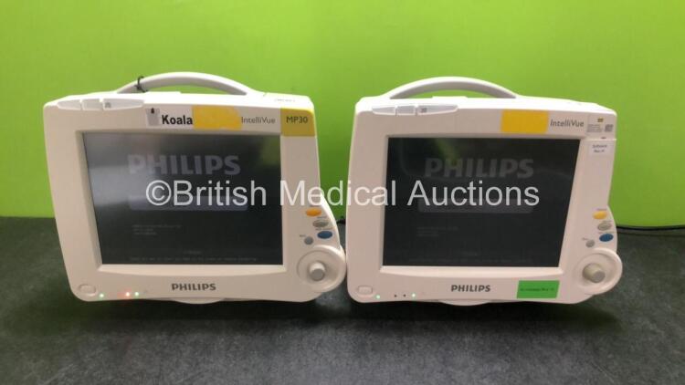 2 x Philips IntelliVue MP30 Patient Monitors (Both Power Up, 1 x Missing Badge - See Photos) *SN DE728B4940 / DE62230582*