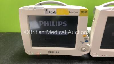 2 x Philips IntelliVue MP30 Patient Monitors (Both Power Up, 1 x Missing Badge - See Photos) *SN DE728B4940 / DE62230582* - 2