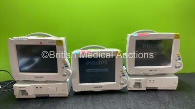 3 x Philips MP30 Patient Monitors with 2 x Philips IntelliVue G5 M1019A Gas Modules *Missing Water Traps* (All Power Up) *SN DE72869435, DE72881299, ARZL-0225, ASBF-0210, DE72877510*