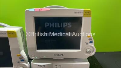 3 x Philips MP30 Patient Monitors with 2 x Philips IntelliVue G5 M1019A Gas Modules *Missing Water Traps* (All Power Up) *SN DE72869435, DE72881299, ARZL-0225, ASBF-0210, DE72877510* - 2