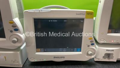 3 x Philips MP30 Patient Monitors with 2 x Philips IntelliVue G5 M1019A Gas Modules *Missing Water Traps* (All Power Up) *SN DE72869435, DE72881299, ARZL-0225, ASBF-0210, DE72877510* - 4