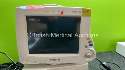 3 x Philips MP30 Patient Monitors with 2 x Philips IntelliVue G5 M1019A Gas Modules *Missing Water Traps* (All Power Up) *SN DE72869435, DE72881299, ARZL-0225, ASBF-0210, DE72877510* - 5