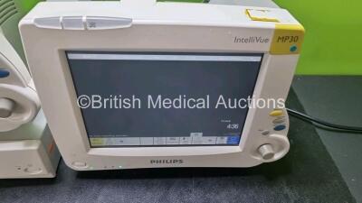 Job Lot Including 3 x Philips IntelliVue MP30 Patient Monitors (All Power Up) and 1 x Philips IntelliVue G5 M1019A Gas Module (Power Up Then Cuts Out Missing Water Trap) *SN DE62234713 / DE62234724 / DE62234728 / ASAJ0082* - 3