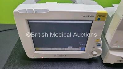 Job Lot Including 3 x Philips IntelliVue MP30 Patient Monitors (All Power Up) and 1 x Philips IntelliVue G5 M1019A Gas Module (Power Up Then Cuts Out Missing Water Trap) *SN DE62234713 / DE62234724 / DE62234728 / ASAJ0082* - 5