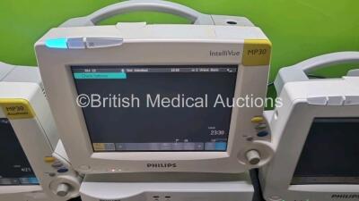 Job Lot Including 3 x Philips IntelliVue MP30 Patient Monitors (All Power Up) and 1 x Philips IntelliVue G5 M1019A Gas Module (No Power Missing Water Trap) *SN ARYM0188 / DE2728A0534 / DE622234717 / DE72845811 - 3