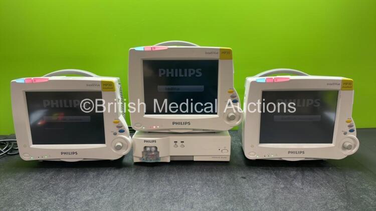 3 x Philips MP30 Patient Monitors with 1 x Philips IntelliVue G5 M1019A Gas Module Including Water Trap (All Power Up) *SN DE72877709, ARYC-0090, DE72881304, DE72877693*