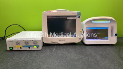 Mixed Lot Including 1 x Philips IntelliVue MP50 Neonatal Patient Monitor (Powers Upo with Missing Dial-See Photo) 1 x Martin ME102 Electrosurgery Unit (Powers Up) 1 x Welch Allyn 6000 Series Vital Signs Monitor (Powers Up) *SN 100037622814, DE44035352, ME