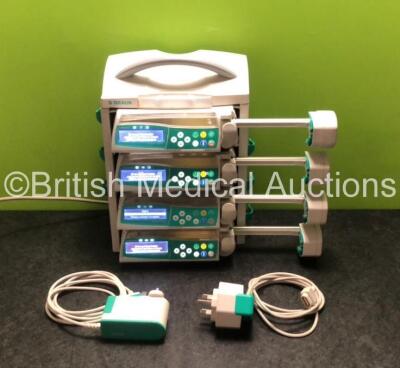 4 x B Braun Perfusor Space Syringe Pumps with 1 x B.Braun Space Docking Station and 2 x Power Supplies (All Power Up) *SN 99249 / 97634 / 277407 / 97653*