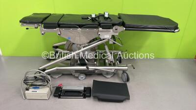 Maquet Magnus Transport Operating Table Trolley with Mobile OR Table Column, Column Power Supply, 1 x Li-Ion Battery Charger with 2 x Batteries, 2 x Controllers and Cushions (Powers Up, 1 x Hydraulic Arm Damaged / Loose)