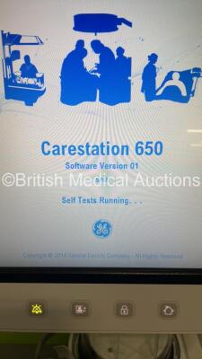 GE Carestation 650 Anaesthesia Machine Ref 1012-9650-000 *Mfd - 10/2015* Software Version 01/ SP08 with GE Monitor, Baxter Drager Vapor 2000 Sevoflurane Vaporizer, Baxter Drager D-Vapor Desflurane Vaporizer,Assorted Leads,Module, Absorber, Bellows and Hos - 12