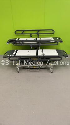 2 x Anetic Aid QA3 Hydraulic Patient Trolleys (Hydraulics Tested and Working Slowly - Damage to Arm - See Pictures)