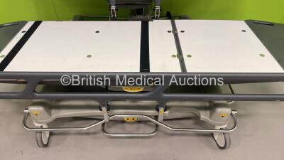 2 x Anetic Aid QA3 Hydraulic Patient Trolleys (Hydraulics Tested and Working Slowly - Damage to Arm - See Pictures) - 2