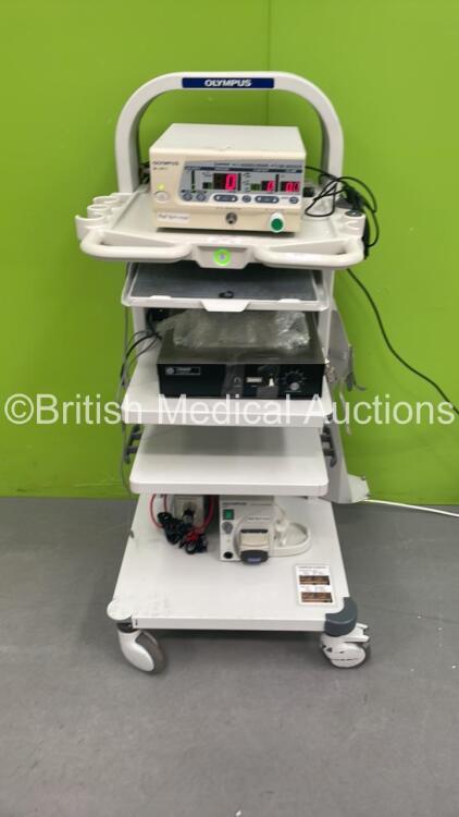 Olympus Stack Trolley with Olympus OES UHI-3 Insufflator, Keyboard, Fisher Tissue Prep Flotation Bath Model 135 and Olympus OFP Endoscopic Flushing Pump (Powers Up with 3 PIn Power Supply - Adaptor Not Included - See Pictures)