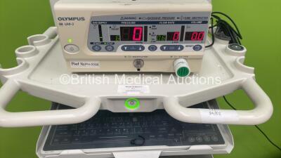 Olympus Stack Trolley with Olympus OES UHI-3 Insufflator, Keyboard, Fisher Tissue Prep Flotation Bath Model 135 and Olympus OFP Endoscopic Flushing Pump (Powers Up with 3 PIn Power Supply - Adaptor Not Included - See Pictures) - 2