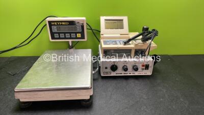 Mixed Lot Including 1 x Weymed Model 524J Weighing Scales, 1 x EMS Medilink Model Model 70 Ultrasound Therapy Unit with 2 x Transducer / Probes and 1 x ABM 702 Ultrasonic Therapy Unit (All Power Up) *SN 54355, 77964, 0138, 384459*