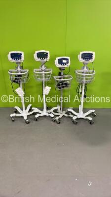 4 x Welch Allyn 53N00 Vital Signs Monitors on Stands (All Power Up - 1 x Damaged Mounting Point - See Pictures) *S/N JA058868 / JA089305 / JA057757 / JA117685*