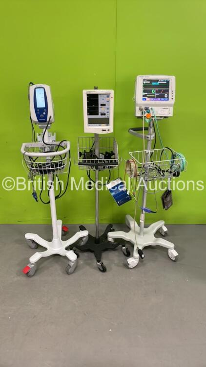 1 x Fukuda Denshi DS-7100 Patient Monitor on Stand with Leads, 1 x Datascope Mindray Accutorr Plus Vital Signs Monitor on Stand and 1 x Welch Allyn SPOT Vital Signs Monitor on Stand (All Power Up)