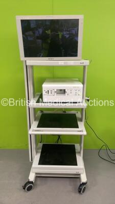 Stack Trolley with Sony Monitor (Unable to Power Test Due to No Power Supply) and SafeAir Smoke Evacuation Unit (Powers Up with 3 Pin Power Supply)